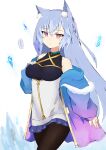  1girl absurdres animal_ear_fluff animal_ears bare_shoulders blue_hair blue_jacket blue_skirt breasts brown_pantyhose closed_mouth collarbone commentary_request covered_collarbone cryokinesis gradient_clothes gradient_jacket hair_between_eyes hand_on_own_chest hand_up highres ice_crystal jacket jewelry long_hair long_sleeves medium_breasts nyaha original pantyhose pink_eyes pink_jacket pleated_skirt puffy_long_sleeves puffy_sleeves ring skirt sleeves_past_wrists solo_focus very_long_hair white_background 