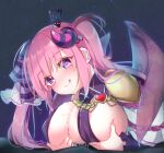  1boy 1girl :q anneliese areola_slip aroused blue_ribbon blush breasts breasts_squeezed_together cape cleavage closed_mouth commentary_request covered_nipples crown cum cum_on_body cum_on_breasts curled_horns deep_skin demon_girl demon_horns demon_wings eyes_visible_through_hair frilled_cape frills gattengou grabbing_own_breast hair_between_eyes hair_over_shoulder hair_ribbon heart heart-shaped_pupils hetero highres horns kimagure_temptation large_breasts long_hair long_sleeves looking_down lying mini_crown on_stomach paizuri pink_hair pink_ribbon purple_eyes ribbon saliva sidelocks single_bare_shoulder smile solo_focus split_mouth symbol-shaped_pupils tongue tongue_out twintails upper_body white_cape wings 
