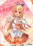  1girl :d belt blonde_hair blue_bow bow chest_bow commentary_request copyright_notice cowboy_shot cropped_jacket detached_collar elf frilled_bow frilled_skirt frills gyaru hair_bow hand_on_own_chest high_ponytail hololive jacket jewelry karokuchitose lapel_pin lapels long_hair long_sleeves looking_at_viewer miniskirt multicolored_hair necklace notched_lapels official_alternate_costume official_art open_mouth orange_bow orange_eyes orange_skirt outstretched_arm plaid_bow plaid_clothes plaid_skirt pleated_skirt pointy_ears ponytail shiranui_flare shirt sidelocks skirt sleeve_cuffs smile solo streaked_hair vest virtual_youtuber white_belt white_jacket white_shirt white_streaks white_vest 