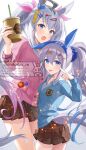  1girl 2girls ahoge animal_ears blue_cardigan blue_eyes blue_hairband blush breasts brown_skirt cardigan chikabo_m collared_shirt commentary_request cup disposable_cup ear_covers ear_ornament grey_hair grey_tail gyaru hair_between_eyes hair_ornament hair_scrunchie hairband hairclip holding holding_cup horse_ears horse_girl horse_tail long_hair long_sleeves multicolored_hair multiple_girls oguri_cap_(umamusume) open_mouth pink_cardigan ponytail scrunchie shirt skirt small_breasts smile tail tamamo_cross_(umamusume) tongue tongue_out umamusume white_shirt 