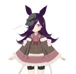  1girl absurdres alternate_eye_color alternate_hair_color animal_ears bare_legs beret black_shorts blush bow brooch brown_capelet brown_vest buttons capelet collared_shirt commentary_request cosplay cowboy_shot cropped_shirt dot_nose flipped_hair frilled_capelet frilled_shirt_collar frilled_skirt frills fur-trimmed_capelet fur_trim gem grey_bow grey_hat hair_over_one_eye hat hat_bow highres horse_ears horse_girl iwami_manaka jewelry long_hair looking_at_viewer magia_record:_mahou_shoujo_madoka_magica_gaiden magical_girl mahou_shoujo_madoka_magica masa_viper1804 midriff mini_hat miniskirt neck_ribbon one_eye_covered parted_lips pink_capelet pink_ribbon pink_shirt pink_skirt purple_eyes purple_gem purple_hair ribbon rice_shower_(umamusume) shirt shorts shorts_under_skirt simple_background skirt sleeve_bow solo soul_gem standing straight-on tamaki_ui tamaki_ui_(cosplay) two-tone_capelet umamusume vest voice_actor_connection white_background white_bow 