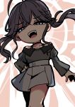  1girl ahoge black_choker black_hair black_nails blue_eyes braid brown_background chibi choker collarbone collared_shirt commentary_request gakuen_idolmaster grey_shirt grey_skirt hand_on_own_hip highres idolmaster juliet_sleeves kawamochi_(kawauti919) kaya_rinha long_hair long_sleeves nail_polish off-shoulder_shirt off_shoulder puffy_sleeves shirt skirt solo twintails 