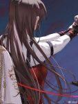  1girl arm_belt black_gloves brown_hair chinese_commentary commentary_request facing_away fingerless_gloves from_behind gloves long_hair long_sleeves love_and_deepspace protagonist_(love_and_deepspace) red_vest shirt unicorns_hunter_uniform vest watermark weibo_username weibo_watermark white_shirt zhishuo418 