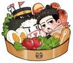  5boys black_eyes black_hair blue_jacket bowl brown_cloak character-themed_food cloak commentary_request egg_(food) facial_hair fang food ghost goatee_stubble golden_kamuy hair_slicked_back hat heart icon_(computing) jacket kepi koito_otonoshin lettuce ma9l4raa male_focus military_hat multiple_boys mustache ogata_hyakunosuke omelet onigiri open_mouth peaked_cap red_flag rice sausage scar scar_on_cheek scar_on_face short_hair simple_background solid_eyes star_(symbol) stubble sugimoto_saichi tomato tsurumi_tokushirou ushiyama_tatsuma white_background 