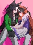  2girls ahoge animal_ear_piercing animal_ears artist_name asymmetrical_bangs asymmetrical_hair belt black_hair black_shirt blush bolo_tie bow brown_hair commentary dated earrings embarrassed eye_contact eyes_visible_through_hair frilled_sleeves frills gloves gold_ring green_eyes green_jacket hand_on_another's_shoulder hands_on_another's_leg hands_on_lap horse_ears horse_girl horse_tail horseshoe_ornament jacket jewelry jitome large_bow long_hair looking_at_another multicolored_hair multiple_earrings multiple_girls multiple_piercings multiple_rings necklace nose_blush o-ring o-ring_belt omotil pants pink_background pink_eyes pleated_skirt puffy_short_sleeves puffy_sleeves purple_bow purple_serafuku ring sailor_collar school_uniform serafuku shadow shirt shirt_tucked_in short_sleeves shy simple_background single_glove single_hair_intake sitting sitting_on_lap sitting_on_person skirt smile socks speed_symboli_(umamusume) spread_legs streaked_hair sweatdrop symboli_rudolf_(umamusume) tail thighhighs tracen_school_uniform umamusume very_long_hair white_pants white_sailor_collar white_skirt white_socks white_streaks yuri 