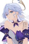  1girl absurdres bare_shoulders blue_eyes blue_hair breasts cleavage collarbone commentary dress hair_between_eyes hair_intakes halo head_wings highres honkai:_star_rail honkai_(series) jewel_under_eye long_hair medium_breasts robin_(honkai:_star_rail) simple_background solo sun_lythrum upper_body watermark white_background white_dress white_wings wings 