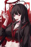  1girl :d absurdres antenna_hair black_hair black_sailor_collar black_serafuku black_shirt blood blood_halo blue_archive blush breasts choker cleavage commentary_request eyelashes eyeshadow furrowed_brow hair_between_eyes halo hand_up highres large_breasts liquid_halo long_hair long_sleeves looking_at_viewer makeup midriff navel neckerchief nose oiru_(613) open_mouth partial_commentary red_background red_choker red_eyes red_eyeshadow red_halo red_neckerchief sailor_collar sailor_shirt school_uniform serafuku shirt sidelocks simple_background smile solo teeth tongue tongue_out tsurime tsurugi_(blue_archive) two-tone_background upper_body upper_teeth_only very_long_hair white_background 