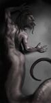  1:2 ambiguous_gender anthro apode black_claws black_hair black_tongue claws draconcopode fangs finger_claws forked_tongue grey_body hair hi_res himeragoldtail legless naga narrowed_eyes nude open_mouth rear_view reptile restricted_palette scalie serpentine simple_background snake solo species_request tongue tongue_out 