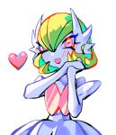  1girl blush bob_cut colored_skin commentary dress elbow_gloves gardevoir gloves green_hair heart looking_at_viewer mega_gardevoir mega_pokemon open_mouth pink_eyes pokemon pokemon_(creature) raine_(acke2445) simple_background smile untranslatable_commentary white_background white_dress white_gloves white_skin 