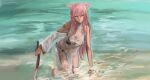  1girl absurdres alternate_costume animal_ear_fluff animal_ears arknights barcode barcode_tattoo bikini black_bikini black_bra bra bracelet breasts closed_mouth commentary dashimaki_(dasimakitama50) dress gravel_(arknights) hair_between_eyes highres holding holding_weapon jewelry knife large_breasts long_hair mouse_ears mouse_girl one_eye_closed outdoors partially_submerged pink_eyes pink_hair see-through_clothes shoulder_tattoo smile solo swimsuit tattoo underwear wading water weapon wet wet_clothes white_dress 