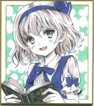  1girl :d alice_margatroid alice_margatroid_(pc-98) blue_bow blue_bowtie blue_hairband book bow bowtie center_frills commentary_request frills green_background hairband hajike_akira highres holding holding_book looking_at_viewer marker_(medium) open_mouth puffy_short_sleeves puffy_sleeves shikishi shirt short_hair short_sleeves smile solo suspenders touhou touhou_(pc-98) traditional_media upper_body white_shirt 
