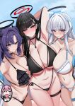 4girls absurdres alternate_costume armpits bikini black_bikini black_hair black_halo blue_archive blue_sky breasts cleavage commentary_request frilled_bikini frills hair_behind_ear halo hand_on_own_hip headgear highres huge_breasts koyuki_(blue_archive) large_breasts lengkuass long_hair looking_at_viewer mechanical_halo multiple_girls navel noa_(blue_archive) outdoors pink_hair presenting_own_armpit purple_hair red_eyes rio_(blue_archive) sarong see-through_clothes see-through_sarong seminar_(blue_archive) sideboob sky smile swimsuit white_bikini white_hair white_halo yuuka_(blue_archive) 