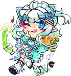  1girl ahoge blue_bow blue_eyes blush bow cherry chibi commentary cup dress english_commentary food fruit gradient_hair green_dress green_hair hair_bow hair_ornament heart heart_hair_ornament highres holding holding_plate ice_cream indie_virtual_youtuber long_hair looking_at_viewer maid maid_headdress mint_fantome mint_fantome_(minto_2.0) multicolored_hair one_eye_closed oreo plate pointy_ears solo tongue tongue_out triangular_headpiece virtual_youtuber white_background white_hair x3dustco x_hair_ornament 