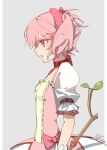  1girl absurdres bow chen346810 chinese_commentary choker commentary_request dress dress_bow from_side grey_background hair_bow highres kaname_madoka kaname_madoka_(magical_girl) looking_ahead magical_girl mahou_shoujo_madoka_magica mahou_shoujo_madoka_magica_(anime) open_mouth pillarboxed pink_dress pink_eyes pink_hair profile puffy_short_sleeves puffy_sleeves red_choker short_hair short_sleeves short_twintails signature simple_background solo soul_gem twintails upper_body 