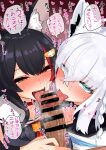  1boy 2girls absurdres ahoge animal_ear_fluff animal_ears assertive_female bar_censor black_hair black_serafuku blue_neckerchief blush braid censored chimomi_ya commentary_request cooperative_fellatio cum ejaculation fellatio fox_ears fox_girl from_above furrowed_brow green_eyes hair_between_eyes hair_ornament hairclip heart highres hololive licking licking_penis looking_at_viewer looking_up loving_aura multicolored_hair multiple_girls narrowed_eyes neckerchief nose_blush ookami_mio open_mouth oral penis pov premature_ejaculation red_neckerchief red_streaks saliva school_uniform seductive_smile serafuku shirakami_fubuki side_braid single_braid smile sound_effects speech_bubble spoken_heart streaked_hair sweat teamwork_(sexual) tongue tongue_out twitching_penis upturned_eyes veins veiny_penis virtual_youtuber white_hair wolf_ears wolf_girl yellow_eyes 