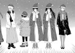 6+girls arms_at_sides black_coat black_hair black_pantyhose black_scarf black_shoes black_skirt black_thighhighs chainsaw_man closed_mouth coat commentary death_devil_(chainsaw_man) denim earrings english_commentary facing_away facing_viewer famine_devil_(chainsaw_man) full_body fur-trimmed_jacket fur_trim gitokuja grey_scarf greyscale hands_in_pockets hat high_heels highres jacket jeans jewelry long_hair long_skirt looking_at_viewer looking_to_the_side lower_teeth_only makima_(chainsaw_man) medium_hair mitaka_asa monochrome multiple_girls nayuta_(chainsaw_man) open_mouth outdoors pants pantyhose pencil_skirt ringed_eyes santa_hat scar scar_on_face scarf shirt shoes short_hair simple_background skirt sneakers snowing standing striped_clothes striped_shirt sweat tassel tassel_earrings teeth thighhighs turning_head white_coat white_scarf white_shirt wispy_bangs yoru_(chainsaw_man) 