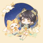  1girl :3 =_= ahoge animal animated animated_gif aqua_shoes beads black_hair blinking blue_sky blunt_bangs blunt_ends border cat chibi chinese_commentary cloak closed_mouth clothed_animal commentary_request ear_covers earrings eating eyelashes floral_print flower flower_earrings food four-pointed_star frilled_hanfu hagoromo hair_beads hair_flower hair_ornament hair_over_shoulder hair_rings happy holding holding_food hood hood_up hooded_cloak jewelry kneehighs light_blush long_hair long_sleeves looping_animation low_twintails momo_(nikki) mooncake moonlit_civilization_(shining_nikki) night nikki_(series) osmanthus outdoors outside_border pawpads print_sleeves round_border shawl shining_nikki shoes short_twintails sky smile socks sparkle star-shaped_pupils star_(sky) star_(symbol) starry_sky symbol-shaped_pupils tareme twintails whiskers white_cat white_socks wide_sleeves xiangyun xiaoyu_qixing yellow_border yellow_cloak yellow_eyes yellow_flower yellow_hanfu yellow_pupils 
