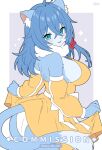  1girl animal_ear_fluff animal_ears aqua_eyes blue_hair blush breasts commentary commission crossed_bangs detached_sleeves dress english_commentary from_behind furry furry_female hair_between_eyes highres large_breasts long_hair long_sleeves looking_at_viewer looking_back mo_(k40633) original parted_lips simple_background smile snout solo star_(symbol) star_symbol_background tail yellow_dress 