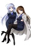  2girls ahoge arm_under_breasts black_pantyhose black_shoes blue_eyes blue_jacket blue_neckerchief blue_necktie blue_skirt breasts brown_hair buttons closed_mouth coat coat_on_shoulders collared_shirt commentary_request crossed_arms curtained_hair double-breasted endori floating_clothes floating_hair full_body hair_between_eyes hair_ornament hair_tie high_heels highres jacket long_hair lyrical_nanoha mahou_shoujo_lyrical_nanoha_exceeds:_gun_blaze_vengeance medium_breasts military_uniform multiple_girls neckerchief necktie one_eye_closed open_mouth pantyhose parted_bangs pencil_skirt reinforce_zwei shirt shoes sidelocks simple_background sitting skirt smile standing white_background white_coat white_hair white_shirt wispy_bangs x_hair_ornament yagami_hayate 