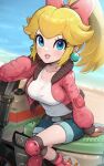  1girl absurdres beach blonde_hair blue_eyes blue_shorts blush boots bow breasts commentary_request denim denim_shorts earrings gloves gonzarez hair_bow highres jacket jewelry knee_pads large_breasts long_hair looking_at_viewer mario_(series) mario_kart mario_kart_world motor_vehicle motorcycle on_motorcycle open_clothes open_jacket outdoors partially_open_jacket pink_boots pink_bow pink_jacket ponytail princess_peach princess_peach_(touring) rally_bike_(mario_kart_world) shirt short_shorts shorts smile solo sphere_earrings water 