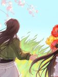  1girl belt black_belt blue_sky brown_hair chinese_commentary commentary_request cowboy_shot day facing_away grass green_jacket jacket long_hair long_sleeves love_and_deepspace official_alternate_costume protagonist_(love_and_deepspace) skirt sky watermark weibo_username weibo_watermark white_skirt wide_sleeves zhishuo418 