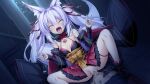  1boy 1girl aged_down animal_ear_fluff animal_ears bare_shoulders black_sleeves blush breasts censored cleavage closed_eyes corruption cowgirl_position cum cum_in_pussy cum_overflow dark_persona detached_sleeves double_fox_shadow_puppet dutch_angle fangs fox_ears fox_girl fox_shadow_puppet fox_tail game_asset girl_on_top hair_between_eyes hair_intakes hair_ribbon hetero indoors inoino japanese_clothes katsuragi_marina katsuragi_marina_(exs-tia_p) kouyoku_senki_exs-tia long_hair long_sleeves miniskirt mosaic_censoring non-web_source official_art open_mouth outdoors penis pov pussy red_ribbon red_skirt ribbon self-datamine sex skirt small_breasts smile solo_focus spread_legs squatting_cowgirl_position straddling tail tattoo thigh_strap tongue tongue_out twintails vaginal variant_set very_long_hair visual_novel_cg white_hair wide_sleeves youko_marina 
