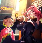  2girls artist_name breasts bubble_tea cleavage cleavage_cutout clothing_cutout coco_(zenless_zone_zero) cup disposable_cup disturbed drink drinking drinking_straw drinking_straw_in_mouth highres holding holding_cup holding_drink large_breasts littleredhoodd medium_breasts multiple_girls object_on_breast remielle_dan surprised zenless_zone_zero 