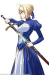  1girl ahoge artoria_pendragon_(fate) blonde_hair blue_dress braid braided_base braided_bun caliburn_(fate) commentary dress fate/stay_night fate_(series) green_eyes hair_bun highres holding holding_sword holding_weapon keikonics saber_(fate) solo sword weapon 