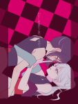  2girls bare_shoulders black_hair blue_eyes blue_hair blush checkered_background cho_kaguya-hime! commentary eye_contact finger_to_another's_nose green_eyes hair_bun highres looking_at_another multicolored_hair multiple_girls noon_nerve parted_lips pink_hair runami_yachiyo sakayori_iroha side_ponytail sideways single_hair_bun smile streaked_hair translation_request white_hair world_is_mine_(vocaloid) yuri 