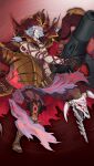  1boy armor beard belt boots brown_belt brown_boots brown_gloves brown_pants cannon earrings facial_hair game_asset gloves glowing glowing_eyes grey_hair grimms_notes grin hat holding holding_cannon jewelry looking_at_viewer male_focus murasaki_hisato mustache non-web_source official_art pants pirate_hat prosthesis red_background red_eyes red_hat red_tattoo shadow_john_silver_(grimms_notes) skull smile solo torn_clothes 