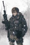  1boy ak-74m assault_rifle black_vest blue_eyes brown_hair chinese_commentary closed_mouth commentary_request cotttton cowboy_shot facial_hair goggles goggles_on_head golden_kamuy green_pants grey_hood gun high_collar highres holding holding_gun holding_weapon hood hood_down kalashnikov_rifle long_sleeves looking_at_viewer male_focus military_combat_uniform military_uniform mixed-language_commentary outdoors pants pouch rifle russian_commentary sideburns snow snowing solo soul_patch standing tree vasily_(golden_kamuy) vest weapon 