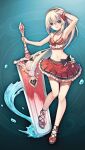  1girl aqua_background arm_up armpits artist_request bikini black_bow blonde_hair blue_eyes bow breasts brown_hairband cleavage frilled_bikini frilled_skirt frills full_body game_asset greatsword grimms_notes hairband holding holding_sword holding_weapon long_hair looking_at_viewer navel non-web_source official_art parody parted_lips red_bikini reina_(grimms_notes) reina_(summer)_(grimms_notes) sandals side_ponytail sidelocks skirt small_breasts smile solo style_parody swimsuit sword water weapon 