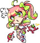  1girl ahoge bandaid bandaid_on_leg bow chibi choker commentary english_commentary facial_mark flower-shaped_pupils gloves green_bow green_choker green_eyes green_gloves green_hair hair_bow heart heart_facial_mark highres indie_virtual_youtuber looking_at_viewer multicolored_hair open_mouth pink_hair pink_shorts shirt shorts side_ponytail slice_of_toma solo symbol-shaped_pupils tomato virtual_youtuber white_background white_shirt x3dustco 