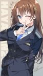  1girl 2026 black_jacket black_skirt blue_eyes blue_necktie brown_background brown_hair buttons character_name collared_shirt commentary_request cowboy_shot curtained_hair dated double-breasted english_text hair_between_eyes hair_ornament hair_tie highres jacket kawakami_shuuichi long_hair long_sleeves looking_at_viewer lyrical_nanoha mahou_shoujo_lyrical_nanoha_strikers military_uniform necktie notice_lines one_eye_closed parted_bangs parted_lips pencil_skirt plain_epaulettes shirt signature simple_background skirt smile solo upper_body v white_shirt wispy_bangs x_hair_ornament yagami_hayate 