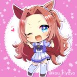  1girl :d ;d animal_ears blue_eyes blush bow brown_hair brown_shoes commentary_request forehead full_body heart horse_ears horse_girl horse_tail kawakami_princess_(umamusume) kou_hiyoyo long_hair looking_at_viewer one_eye_closed parted_bangs pleated_skirt ponytail puffy_short_sleeves puffy_sleeves purple_background purple_bow purple_shirt school_uniform shirt shoes short_sleeves skirt smile solo standing star_(symbol) tail thighhighs tracen_school_uniform twitter_username umamusume v-shaped_eyebrows very_long_hair white_skirt white_thighhighs 