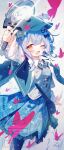  1girl arm_up artist_name asymmetrical_legwear bag bird_hat_ornament black_bag black_capelet black_hat black_thighhighs blue_hair blue_jacket blue_necktie blue_skirt blush bow braid braided_hair_rings bug butterfly capelet checkered_clothes checkered_skirt collared_shirt commentary_request dated deerstalker flat_cap frilled_skirt frills grey_hair grey_shirt hair_bow hair_rings hat hat_bow hat_ribbon highres holding holding_magnifying_glass jacket kasuga_izure layered_skirt long_sleeves magnifying_glass mahou_shoujo_no_majo_saiban necktie one_eye_closed open_mouth ribbon shirt short_hair signature single_thighhigh skirt solo standing tachibana_sherry thighhighs watermark yellow_eyes 