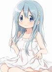  1girl absurdres alternate_hair_length_(longer) blue_eyes blue_hair blush closed_mouth commentary_request dress hair_between_eyes hair_ornament hairclip highres hitode long_hair mahou_shoujo_madoka_magica mahou_shoujo_madoka_magica_(anime) miki_sayaka parallel_hairclips simple_background sitting sleeveless sleeveless_dress smile solo white_background white_dress 