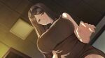  1girl black_hairband breasts brown_eyes brown_hair brown_sweater closed_mouth dress from_below game_asset hairband highres indoors large_breasts long_hair looking_at_viewer looking_down non-web_source official_art s.u._(simpleu818) self-datamine shinonome_kasumi sleeveless sleeveless_sweater smile solo summer_clover sweater sweater_dress variant_set 