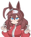  1girl 67_(meme) animal_ears battery_indicator blue_eyes breasts brown_hair chigyudoomer commentary ear_ornament english_commentary hands_up highres horse_ears horse_girl jacket large_breasts long_sleeves meme mihono_bourbon_(umamusume) red_jacket solo tracen_training_uniform umamusume upper_body white_background 
