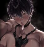  1girl apron armpit_crease bare_shoulders black_apron black_background black_choker black_hair blurry blurry_background blurry_foreground blush breasts brown_streaks choker cleavage collarbone commentary condom condom_in_mouth cropped cross cross_earrings dark-skinned_female dark_skin ear_piercing earrings english_commentary fang grabbing_another's_breast gradient_hair groping hair_between_eyes hair_over_eyes heart highres huge_breasts jewelry kobun0 looking_at_viewer may_(ulularts) mole mole_under_eye mouth_hold multicolored_hair naked_apron original parted_lips piercing portrait puffy_nipples short_hair smile solo steaming_body streaked_hair studded_choker sweat teeth tomboy topless_female tsurime used_condom wet yellow_eyes 