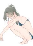  1girl absurdres barefoot bikini blue_bikini commentary_request green_eyes grey_hair highres kantai_collection looking_at_viewer official_alternate_costume official_alternate_hairstyle one-hour_drawing_challenge ponytail shushan side-tie_bikini_bottom simple_background solo squatting swimsuit watermark white_background zuikaku_(kancolle) zuikaku_(swimsuit)_(kancolle) zuikaku_kai_ni_(kancolle) 