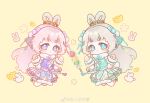 2girls :o animal_print aqua_shoes aqua_vest aqua_wrist_cuffs bare_legs blue_eyes blue_ribbon blunt_bangs bow-shaped_hair chibi chinese_clothes chinese_commentary cloud_print collar commentary_request dual_persona eyelashes flower_in_eye flower_knot fur-trimmed_tabard fur-trimmed_vest fur-trimmed_wrist_cuffs fur_collar fur_trim grey_hair grey_skirt grey_tabard hair_ornament hair_ribbon hair_rings highres light_blush long_hair miniskirt multiple_girls neck_ribbon nikki_(series) official_alternate_color open_mouth pink_hair pink_ribbon pink_skirt pleated_skirt pom_pom_(clothes) pom_pom_hair_ornament print_tabard print_vest purple_ribbon purple_tabard purple_vest purple_wrist_cuffs rabbit rabbit_print ribbon shining_nikki shoes simple_background skirt snow_woven_(shining_nikki) sparkle symbol_in_eye tabard tareme tassel very_long_hair vest wavy_hair white_collar wrist_cuffs xiangyun xiaoyu_qixing yellow_background yuanbao 
