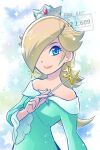  1girl artist_name bare_shoulders blonde_hair blue_eyes breasts brooch closed_mouth commentary_request crown dress earrings eyelashes green_dress hair_over_one_eye holding holding_wand jewelry long_hair long_sleeves looking_at_viewer mario_(series) off-shoulder_dress off_shoulder rosalina shimizu_mile small_breasts smile solo star_(symbol) star_brooch star_earrings super_mario_galaxy wand watermark 