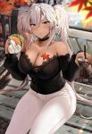  1girl autumn autumn_leaves bare_shoulders black_choker black_nails black_shirt black_sleeves breasts burger choker cleavage closed_mouth collarbone commentary_request cup dark-skinned_female dark_skin detached_sleeves fingernails food glasses hair_between_eyes highres holding holding_cup holding_food jewelry kantai_collection large_breasts leaf long_hair looking_at_viewer maple_leaf musashi_(kancolle) musashi_kai_ni_(kancolle) outdoors pants red_eyes ring shirt sitting solo twintails white_hair white_pants yunamaro 