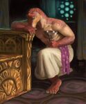  2022 anthro arm_on_leg arthurian_legend barefoot bottomwear chair claws clothing coat_of_arms container covering covering_mouth cup curtains dinosaur dyna_soar feet furniture goblet hadrosaurid hi_res holy_grail kneeling maiasaura male markings medieval medieval_clothing medieval_fantasy orange_markings ornate_floor ornithischian painting percival red_body red_scales reptile sash scales scalie shirtless_male signature solo throne throne_room white_bottomwear white_clothing window 