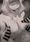  1girl 3boys ayumu-k bar_censor breasts censored closed_mouth collarbone commentary_request completely_nude cowboy_shot disembodied_penis hetero highres love_live! love_live!_sunshine!! medium_breasts medium_hair monochrome multiple_boys nipples no_eyes nude ohara_mari penis penis_to_breast protected_link smile solo_focus standing sweat 