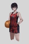  1girl absurdres aged_down armpit_crease ball bare_shoulders basketball_(object) basketball_jersey basketball_uniform black_hair black_shorts blush breasts closed_mouth collarbone commentary cropped_legs english_commentary gradient_hair grey_background grey_hair hair_between_eyes hair_over_one_eye hand_on_own_hip highres holding holding_ball kobun0 lips looking_at_viewer may_(ulularts) medium_breasts mole mole_under_eye multicolored_hair nose original red_jersey red_shorts short_hair shorts simple_background solo sportswear tomboy two-tone_shirt two-tone_shorts yellow_eyes 