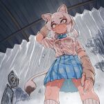  1girl animal_ears blue_eyes bow bowtie bus_stop commentary_request elbow_gloves extra_ears fingerless_gloves gloves grey_hair highres kemono_friends kemono_friends_3 lion_ears lion_girl lion_tail long_hair looking_at_viewer mcgunngu nail_polish rain shirt skirt socks solo tail transvaal_lion_(kemono_friends) 