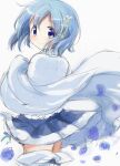  1girl absurdres blue_eyes blue_hair blue_skirt blush cape closed_mouth commentary_request fortissimo grey_background hair_ornament highres hitode magical_girl mahou_shoujo_madoka_magica mahou_shoujo_madoka_magica_(anime) miki_sayaka miki_sayaka_(magical_girl) miniskirt musical_note musical_note_hair_ornament pleated_skirt short_hair simple_background skirt smile solo thighhighs white_cape white_thighhighs zettai_ryouiki 