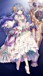  1girl blue_background blue_eyes blue_hair breasts cannon cinderella_(grimms_notes) cinderella_(shinsei)_(grimms_notes) cleavage collar detached_sleeves dress flower frilled_collar frills game_asset gem glass_slipper gloves grimms_notes hair_flower hair_intakes hair_ornament holding holding_cannon layered_dress long_sleeves looking_at_viewer nemusuke non-web_source official_art open_mouth puffy_long_sleeves puffy_sleeves purple_gem purple_ribbon ribbon rose silver_tiara smile solo white_dress white_gloves yellow_flower yellow_rose 